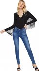Women's Fringe Trim V Neck Long Sleeve Bodysuit