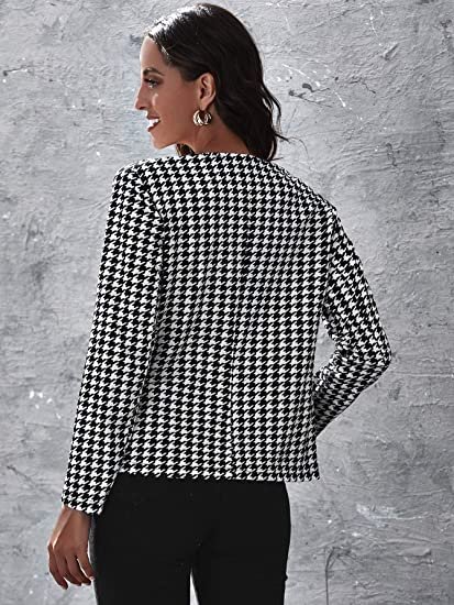 Women Elegant Open Front Houndstooth Blazer Work Office Jacket Outwear