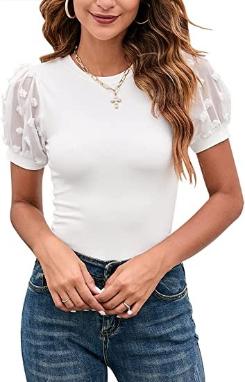 Women's round neck slim fitting mesh bubble sleeve jumpsuit casual rib knit jumpsuit