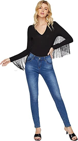 Women's Fringe Trim V Neck Long Sleeve Bodysuit
