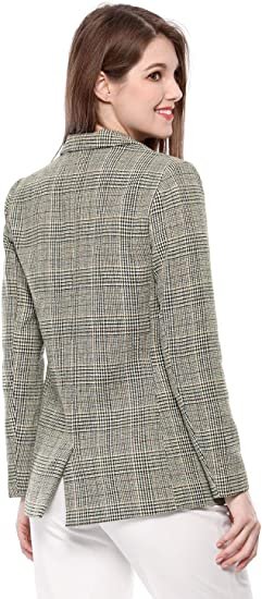 Women's Plaid Notched Lapel One Button Houndstooth Blazer Jacket